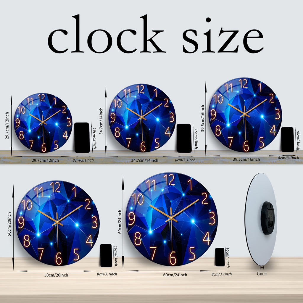 Large Modern Blue Glass Wall Clock - Dark Blue Accessories, 12-24 Inch Silent Quartz Clock, Battery-powered, Suitable for Living Room, Bedroom, Office Decorative Clock, Housewarming Gift, Home Decoration, Fantasy-style Design