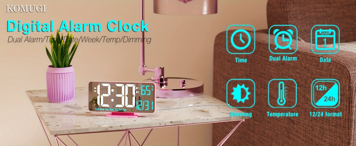 WHEAT Digital Alarm Clock for Bedroom - Corded Electric Desk Clock with LED Display, Date & Temperature, Dual Beep Alarm, Adjustable Brightness, USB Powered with 12/24H Format - Rectangle Plastic Frame