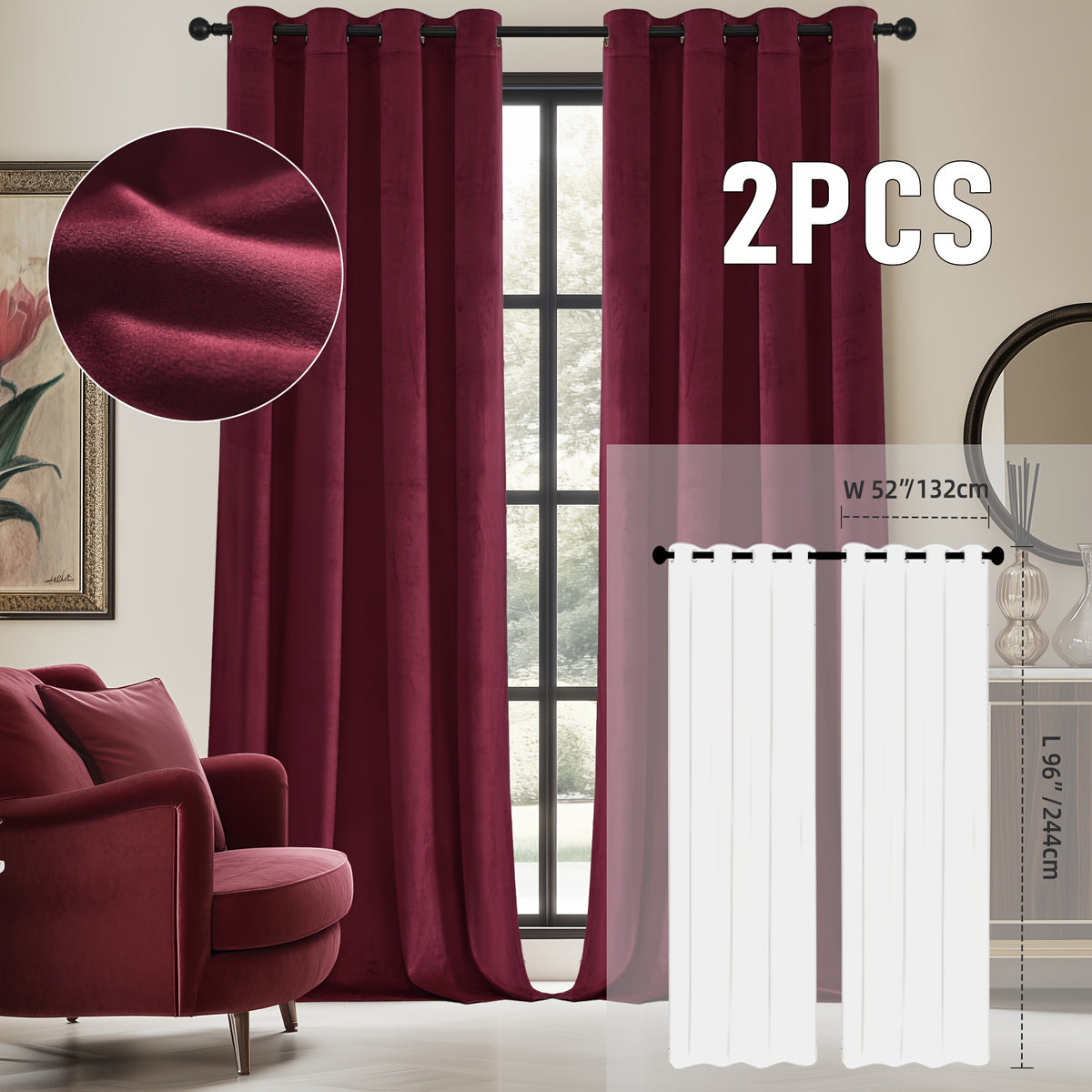 2pcs Velvet Room Darkening Curtains | Vintage Soundproof and Thermal Insulated, Elegant Soft Velvet Grommet Top Curtains for Living Room and Bedroom, Unlined, Solid Color, Fashionable Valentine'S Day Décor