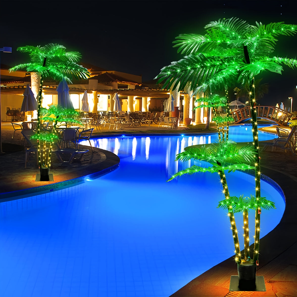 Triple Trunk Solar Palm Tree with Lights, 7 ft Artificial Tropical Decor with 260 LEDs, Eight Lighting Modes and Dimming for Patios and Tiki Parties