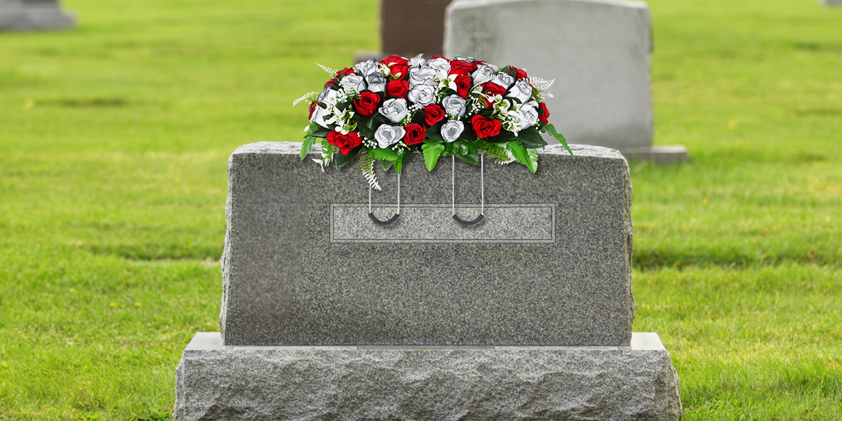 1/3pcs Artificial Cemetery Flowers for Graves with Saddles, Artificial Silkyy Rose Flowers And Bouquets with Vases, Headstone Flower Saddle, Memorial Day Flowers for Cemetery, Outdoor Grave Headstone Decoration