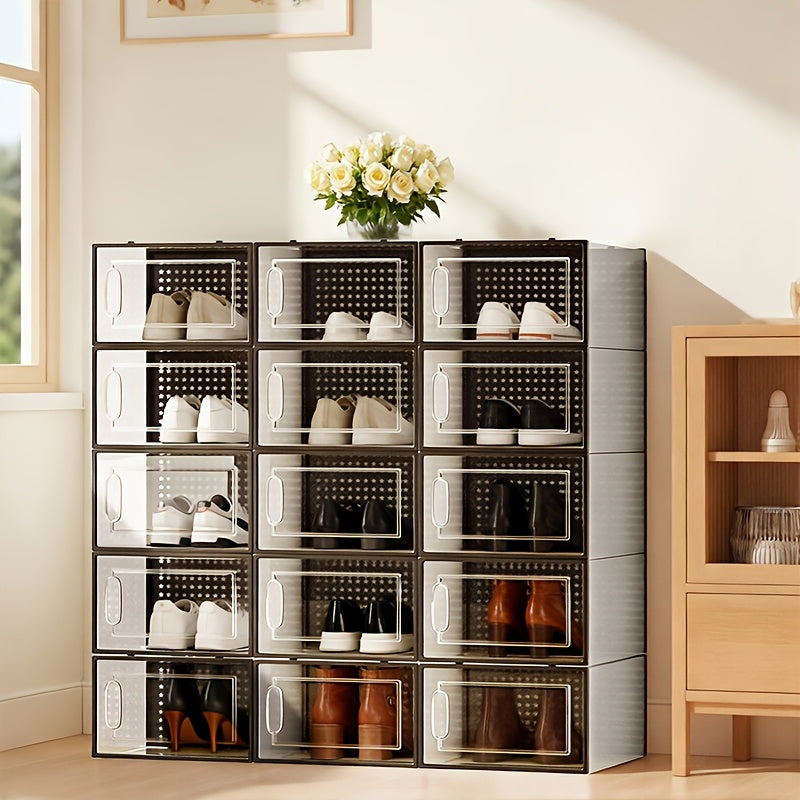 Modular Shoe Boxes with Lids, Transparent Foldable Stackable Plastic Sneaker Containers in Black or White with 6 12 or 24 Piece Options for Home and Dorm Storage
