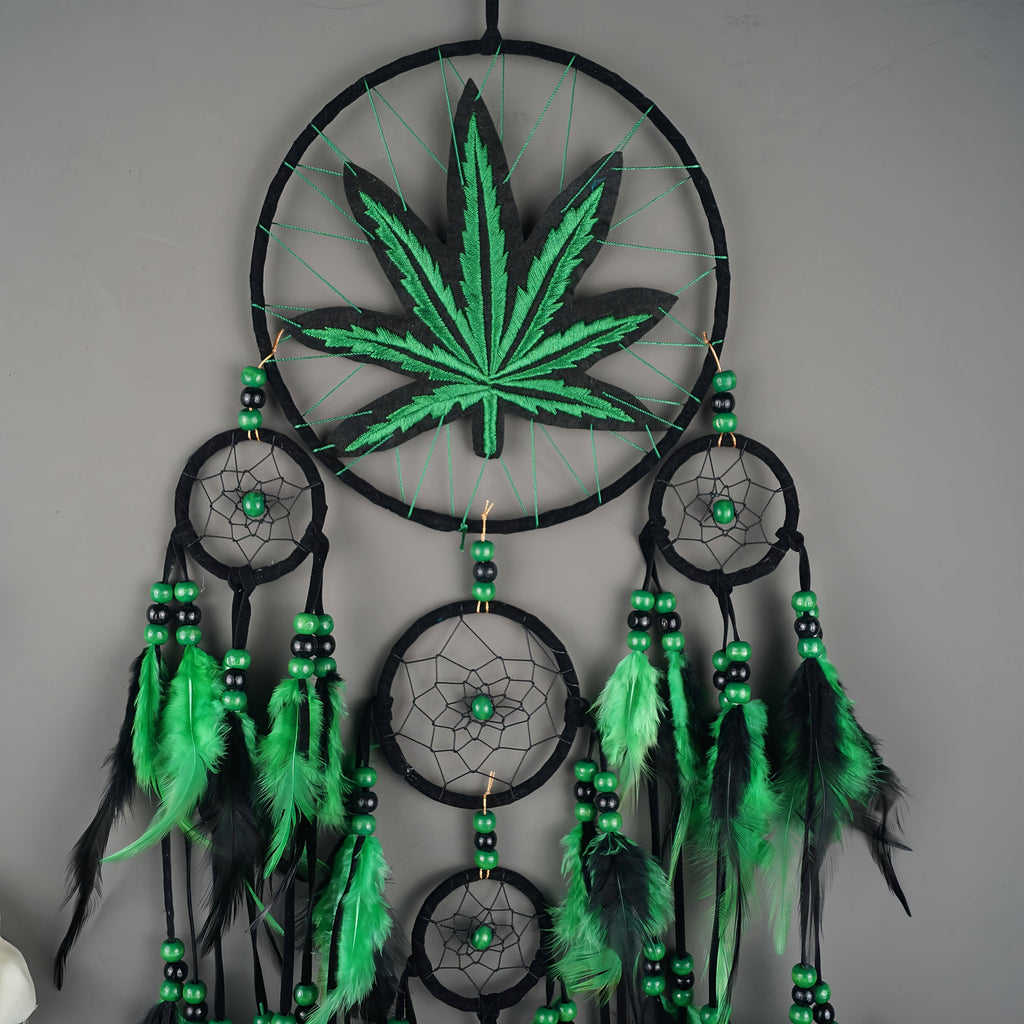 Bohemian Leaf Embroidered Dream Catcher with Feathers & Leaf Pot - Fabric Weed Gift for Women/Men, -Themed Tale Decor for Christmas, Bedside, or Cabin (Embroidery, Not Smokeable)