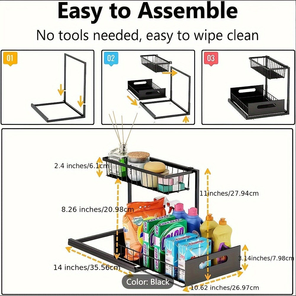 1pc/2pcs Kitchen Racks for Sink Organization And Storage, Double-layer Large-capacity Storage Sink Organization And Storage Racks, Slide-out Cabinet Organization Racks, Kitchen Metal Drawer Storage Racks