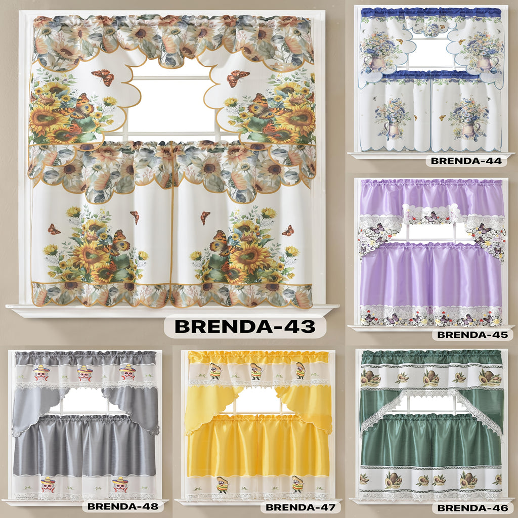 Embroidered Kitchen Curtain Set, 3-Piece Lightweight Soft Satin Window Decor with One Valance and Two Tier Panels, Machine Washable Easy-Care Design