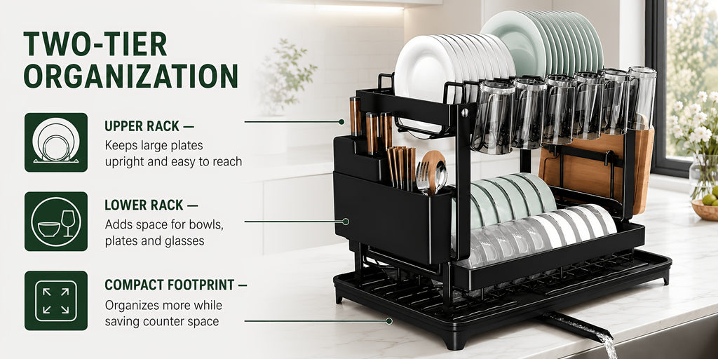 Two-Level Dish Drying Rack for Kitchen Surfaces, Dish Drainer with A Drainboard, Metal Kitchen Dish Holder with Drainage, Two-Tier Kitchen Drying Rack, Black Dish Holders, Standing Shelf Units, Standing Shelf