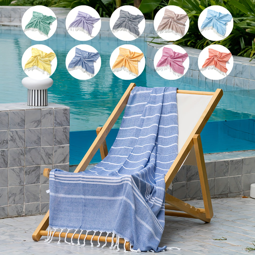 Turkish Style Striped Beach Towel, 90 x 180 cm Oversized Lightweight Quick-Drying Towel with Fringed Ends for Poolside Relaxing, Travel and Outdoor Days