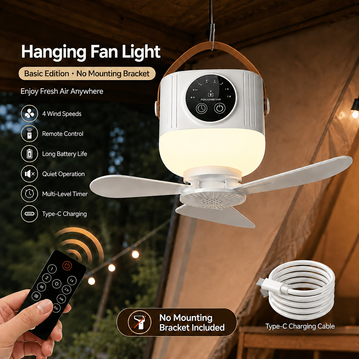 Portable Camping Fan With Light, Available With Or Without Tripod | Quiet USB Rechargeable Fan With Remote, Adjustable Speed & Brightness | Long Life Outdoor Tent Fan For Bedroom, Dorm, Travel