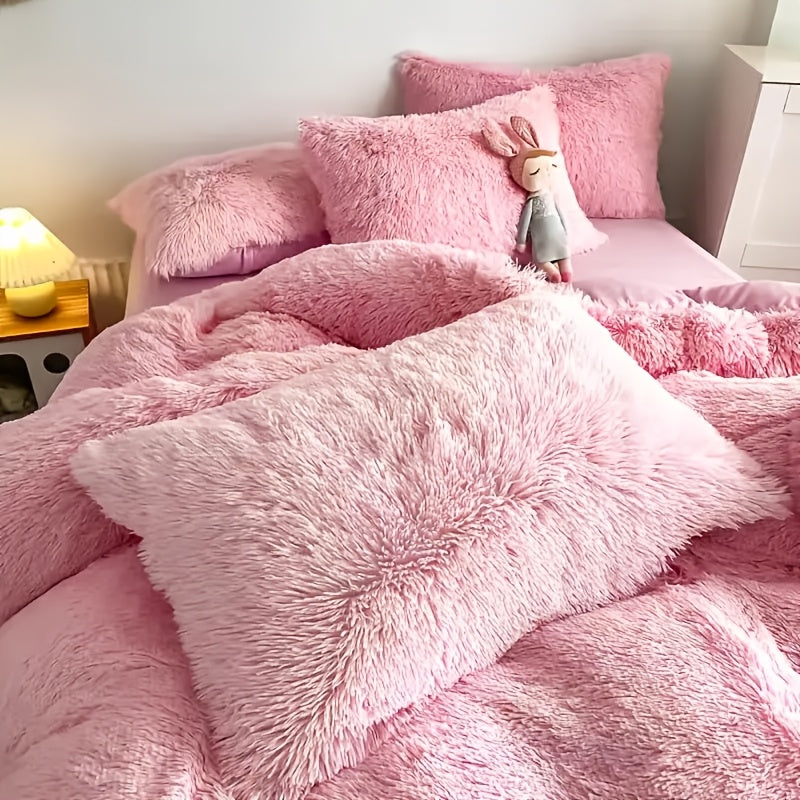 3/4pcs Plush Faux Fur Comforter Cover Set for Kids & Teens - Includes Pillowcases + Plush Heart Pillow - Twin/ Queen/ King Sizes - Super Soft, Warm, Machine Washable (Duvet Cover Only, No Comforter)