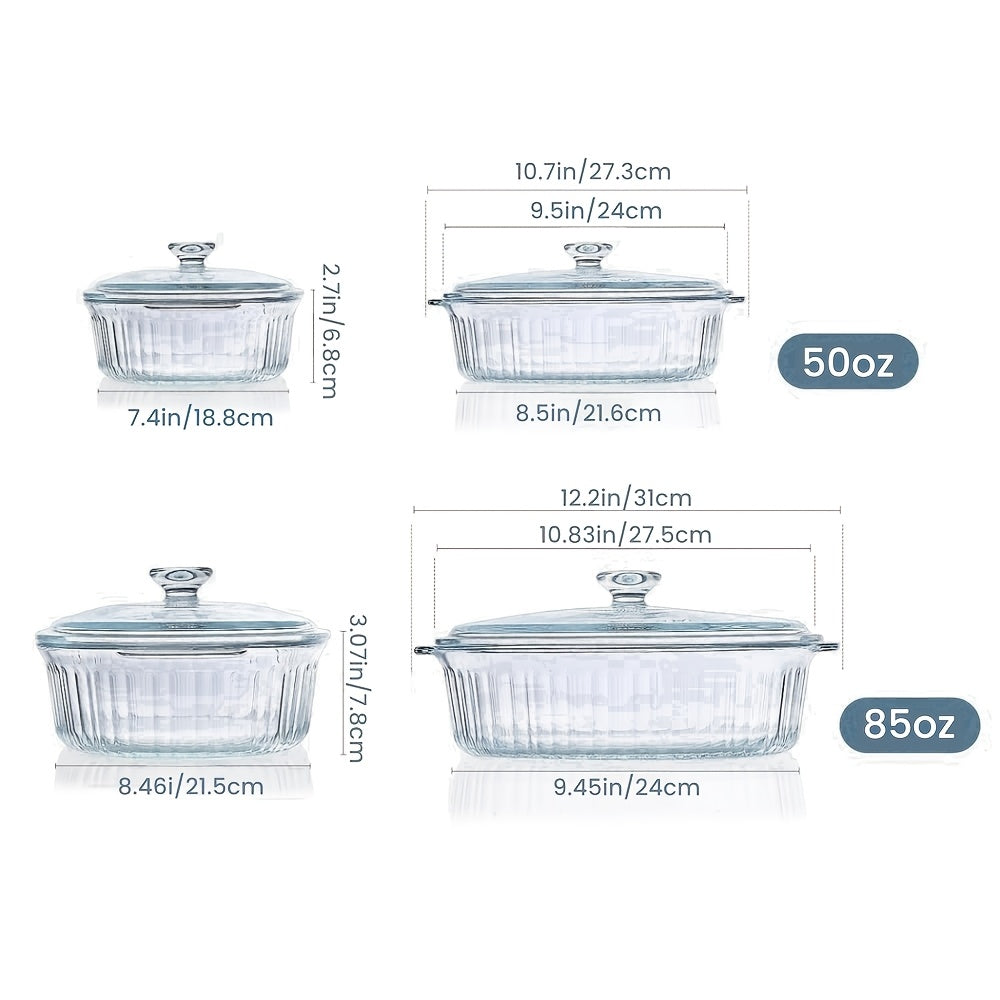 Elegant Glass Casserole with Lid Set | Oval Roaster, Transparent Covered Cookware, 50oz & 85oz | Oven & Microwave Safe, for Baking, Cooking, Desserts, Chicken, Pasta