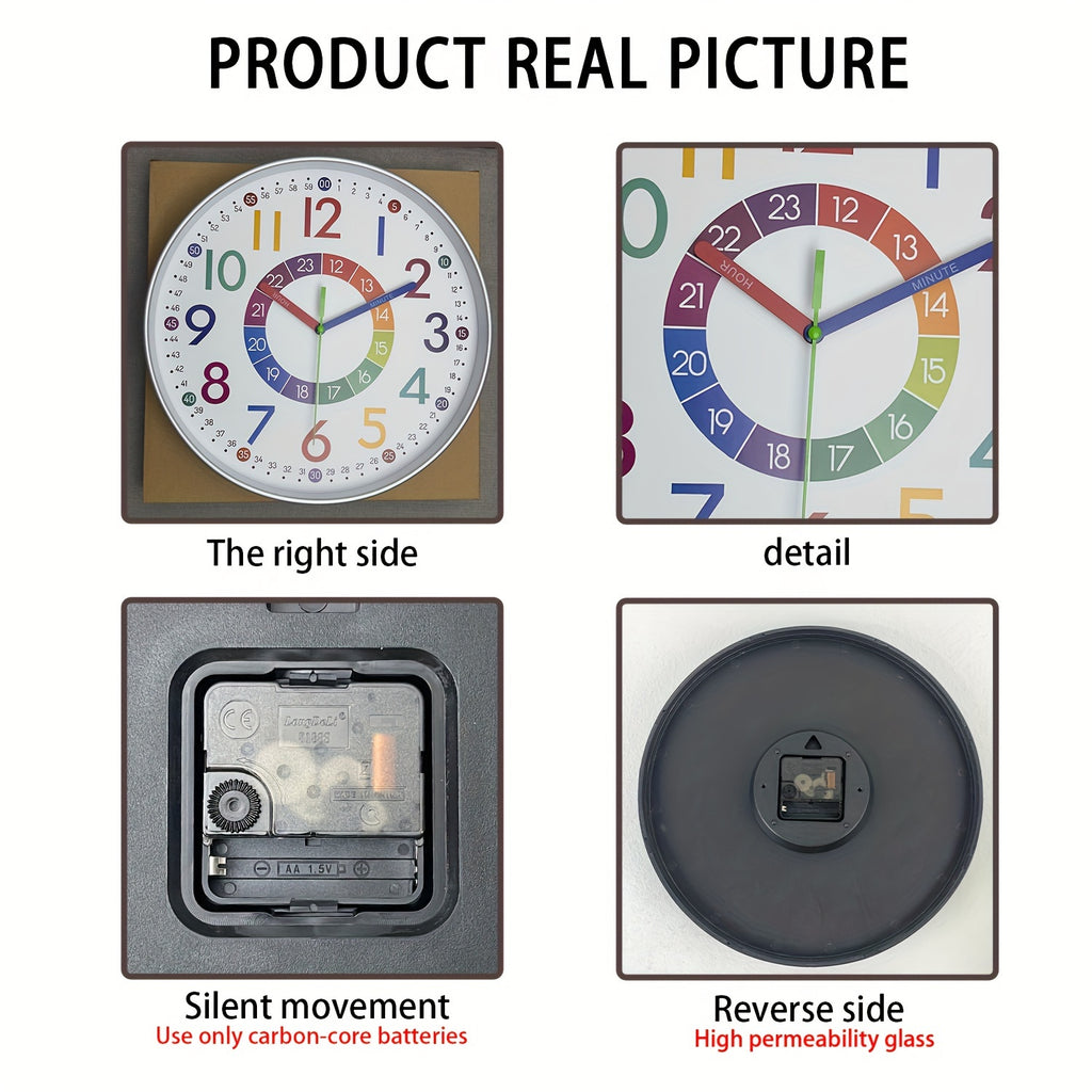 Learning Wall Clock for Kids, Colorful 8 10 or 12 Inch Time-Telling Teaching Clock with Silent Quartz Movement and Plastic Frame for Bedroom and Classroom