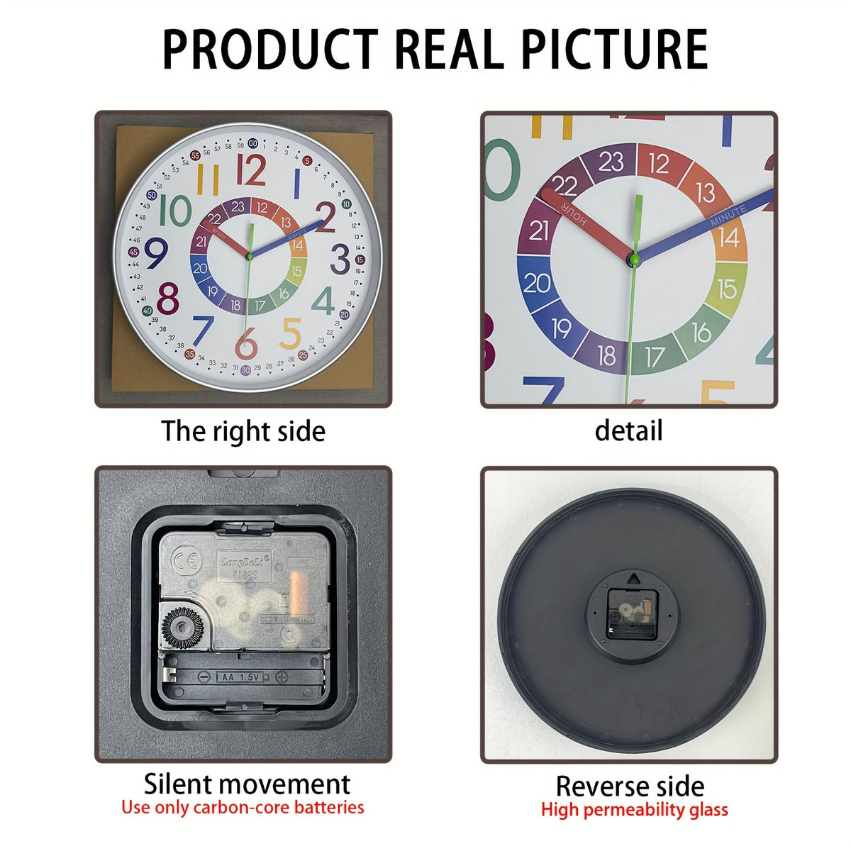 Learning Wall Clock for Kids, Colorful 8 10 or 12 Inch Time-Telling Teaching Clock with Silent Quartz Movement and Plastic Frame for Bedroom and Classroom