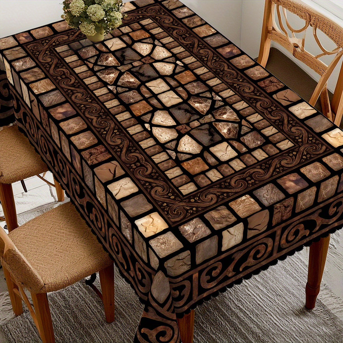 Vintage Stone Pattern Tablecloth, Brown with Ornate Floral Design, Polyester, Rectangular, Machine, Perfect for Traditional and Rustic Home Decor, Dining Table and Indoor Decoration, Multiple Sizes Available