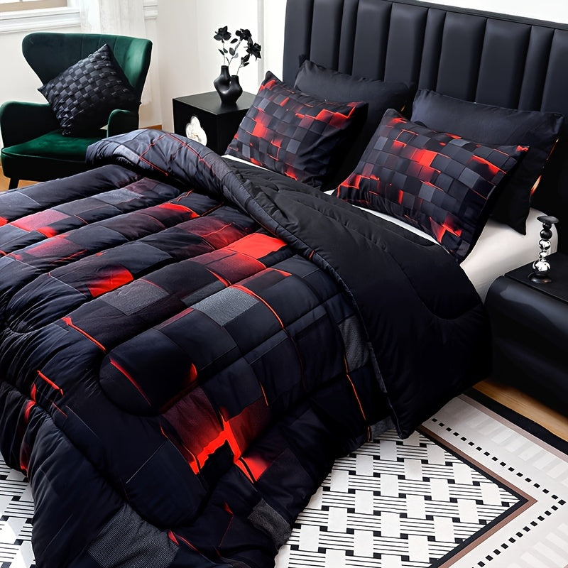 2D Flat Tog 4 3pcs Super Soft Fashion Sense Of Technology Grid Thickening Quilt Set (1 Comforter +2 Pillowcases Without Pillow Core), Contains Padding 180Gsm Quilting Soft Ventilate Digital Printing Bedroom Dormitory At Home Perfect Halloween Gift