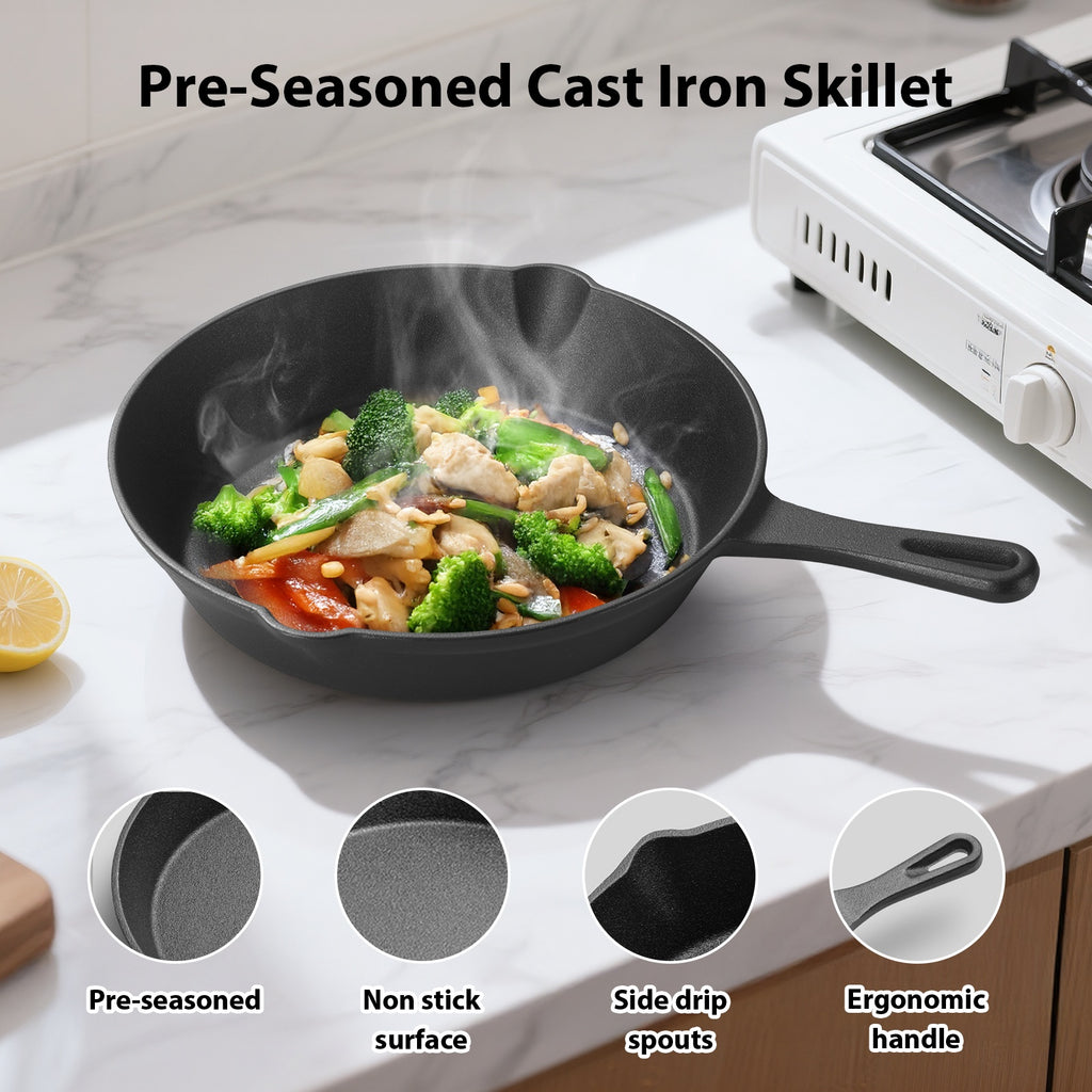 3/4/5pcs Cast Iron Skillet Set, Professional-Grade Commercial Quality Pre-Seasoned Cookware, Suitable for Frying, Sautéing, and Cooking, Usable Indoors/Outdoors, in Ovens, and on Grills