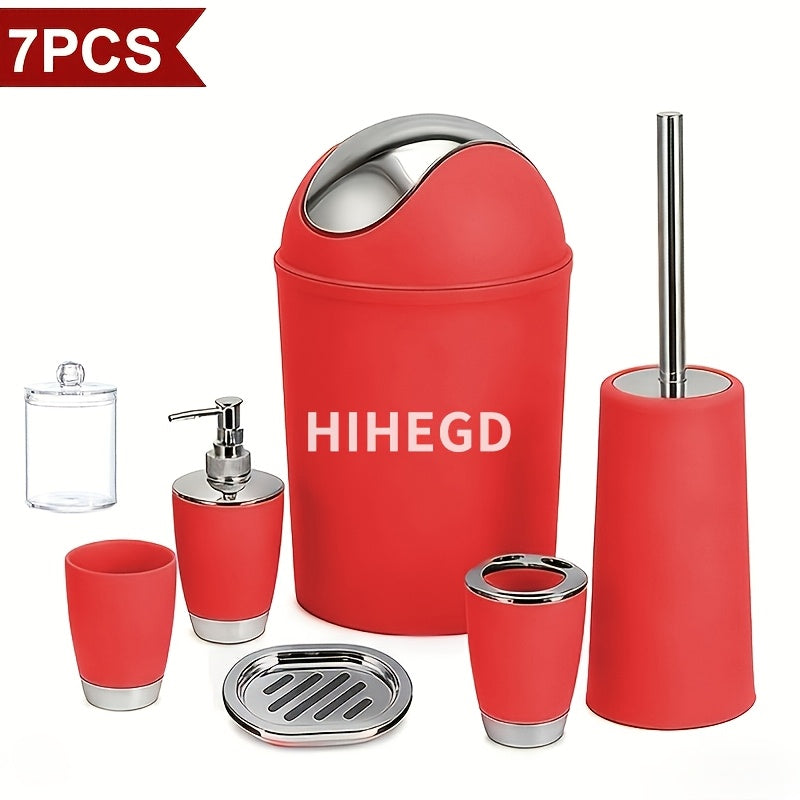 7pcs Luxury Bathroom Accessory Set - Premium Quality, Modern Style - Complete with Trash Can, Toilet Brush, Lotion Dispenser, Soap Dish, Mouthwash Cup & Toothbrush Holder - Space-Saving, Easy to Clean, Ideal for Bathroom Decor And Housewarming Gifts