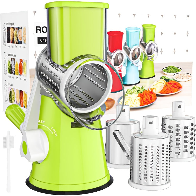 Rotary Cheese Planer Hand Crank Cheese Shredder Fresh Cheese, Vegetable Nuts, Non-Slip Suction Base, Free Cleaning Brush Three Blades