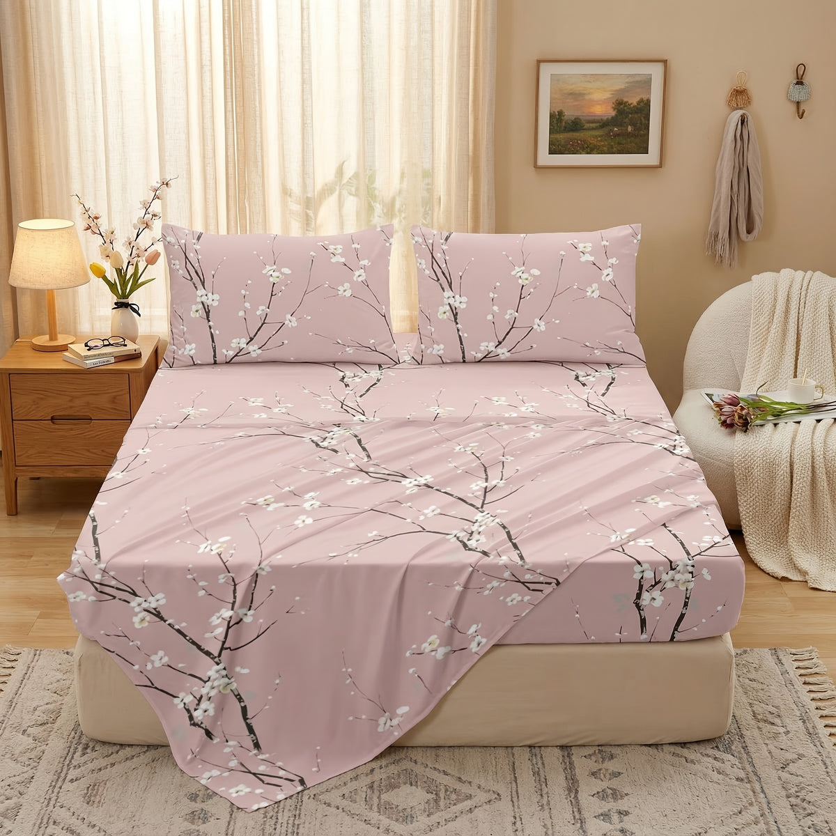 4pcs Multicolour Tree Branch Plum Blossom Sheet Protector Bed Sheet Pillowcase Four-piece Set (1 Bed Cap +1 Bed Sheet +2 Pillowcase Without Pillow Core), Deep Pocket In 15 Inch, Bedroom Dormitory High Definition Printing Room Decor