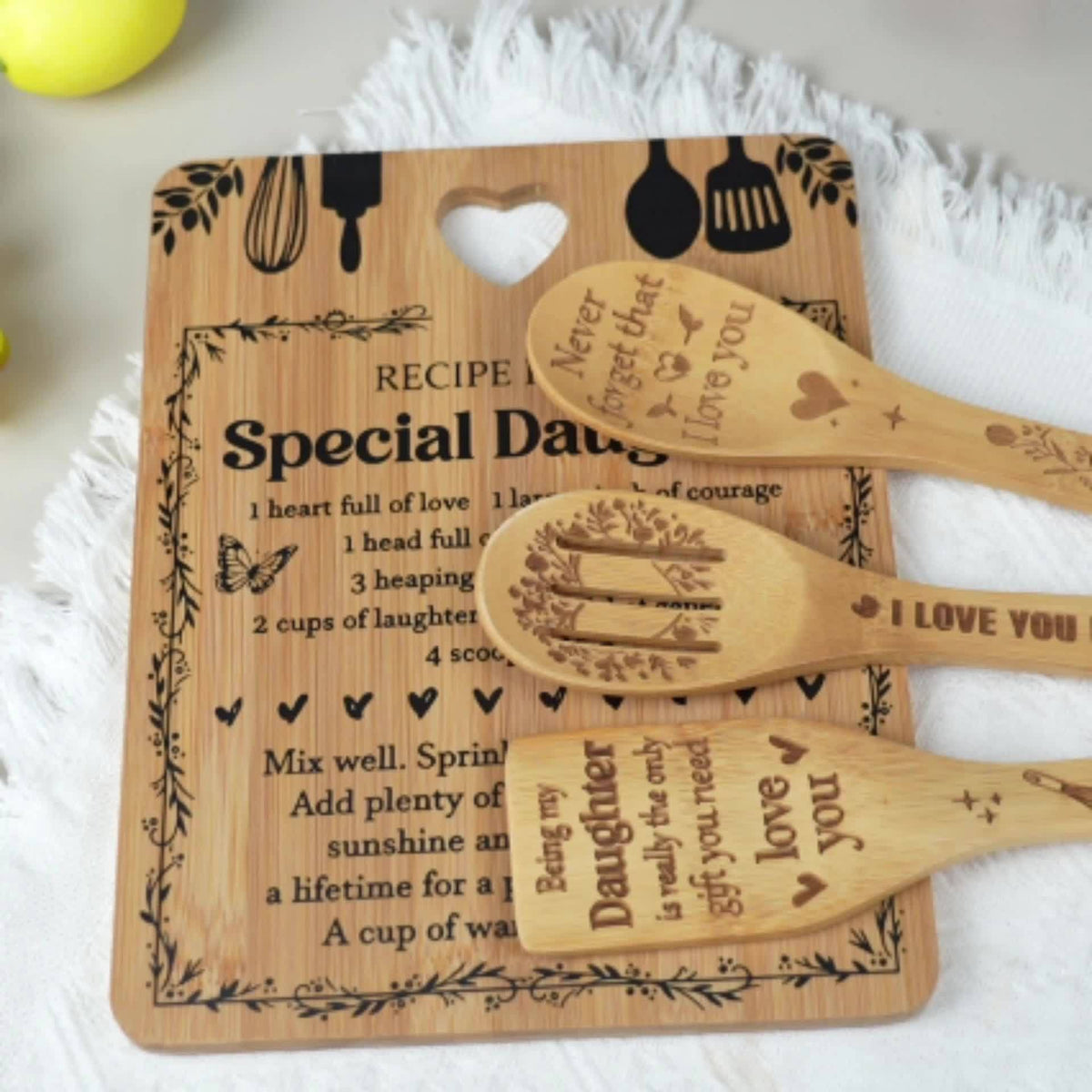 Birthday Gifts for Daughter - "Recipe for a Special Daughter" Daughter Cutting Board Set Bamboo-Made Engraved Utensil Set Birthday Gifts for Daughter Daughter Christmas Gifts