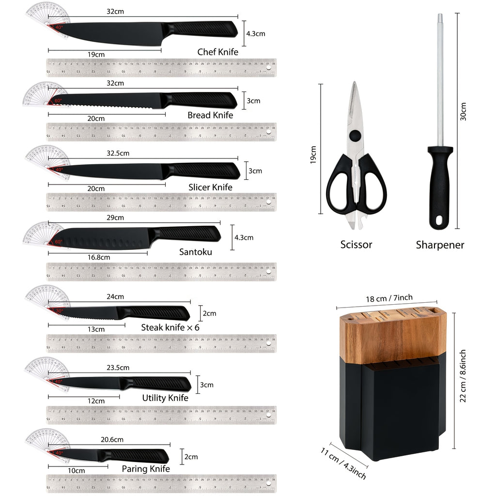 Kitchen Knife Set, 15pcs Knife Set With Block Wooden, Self Sharpening For Chef Knife Set, Medium Carbon Stainless Steel Hammered Knife Block Set With Steak Knives, Knives For Men, Boxed Knife Sets For Kitchen, For Family Gift, Local Warehouse