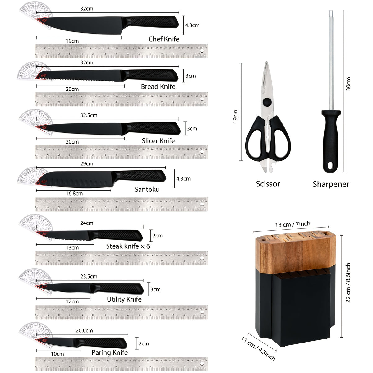 Kitchen Knife Set, 15pcs Knife Set With Block Wooden, Self Sharpening For Chef Knife Set, Medium Carbon Stainless Steel Hammered Knife Block Set With Steak Knives, Knives For Men, Boxed Knife Sets For Kitchen, For Family Gift, Local Warehouse