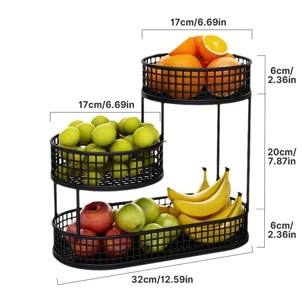 Large Capacity 3-Tier Black Metal Fruit Basket, Efficient Kitchen Organization, Perfect for Fruits, Vegetables, Bread, Snacks