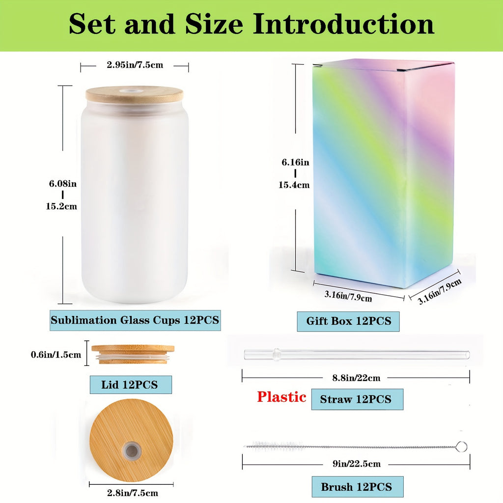 12Pack Sublimation Frosted/ Clear Glass Cups with Bamboo Lid 16oz Glasses Tumbler with Straw and Brush