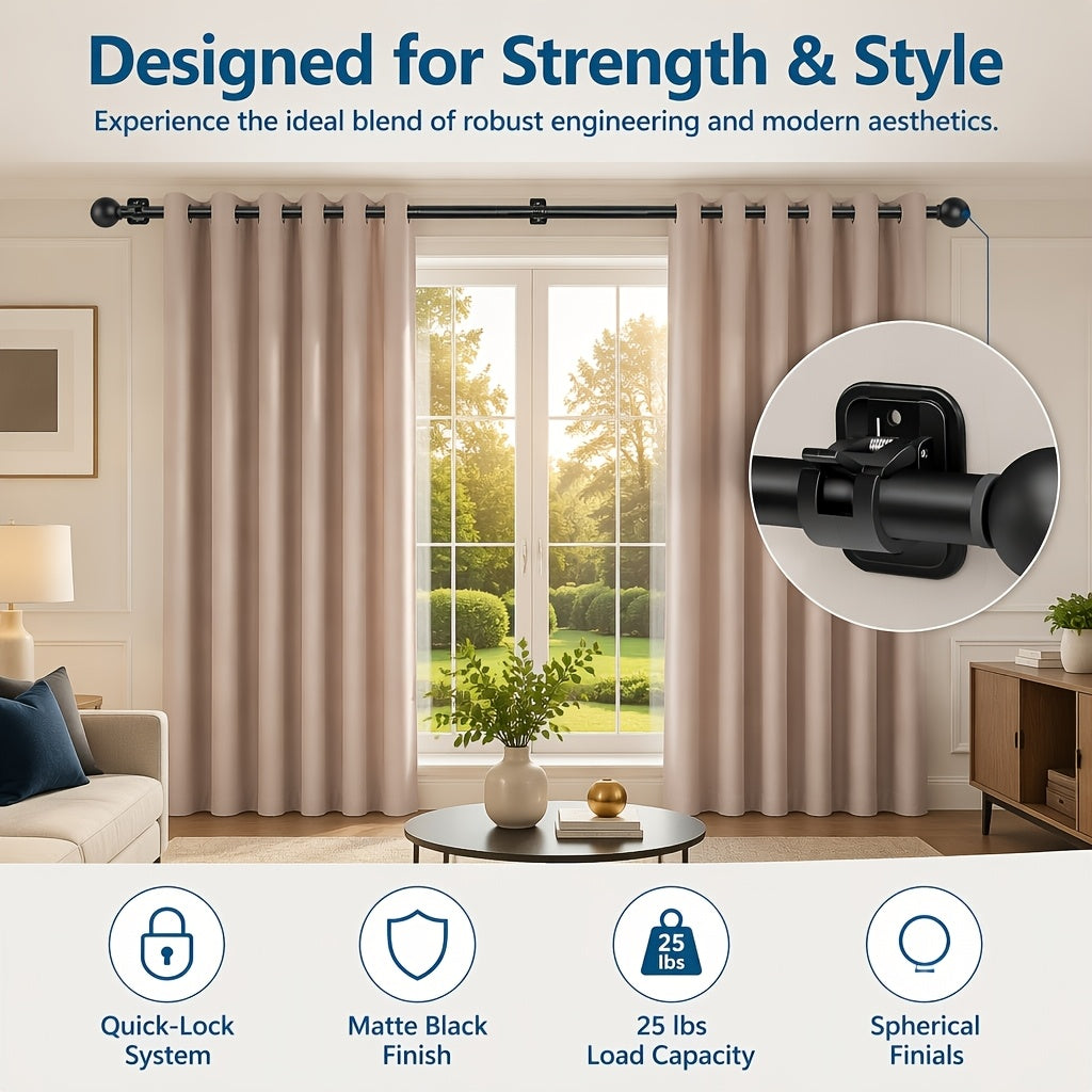 Curtain Rods No Drilling For Windows, 5/8 Inch Diameter Drapey Pole With No Drill Curtain Rod Brackets (2pcs, Black, 30 To 45")