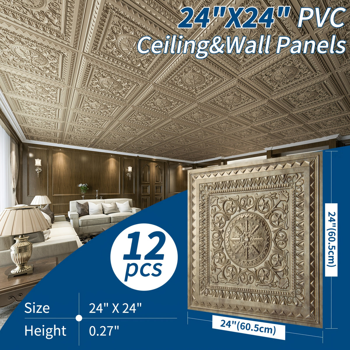 Vintage Golden Ceiling Tiles 24"x24", 12-Pack Decorative PVC Panels, Luxury Floral Design, Easy Install, Covers 48 Sq Ft