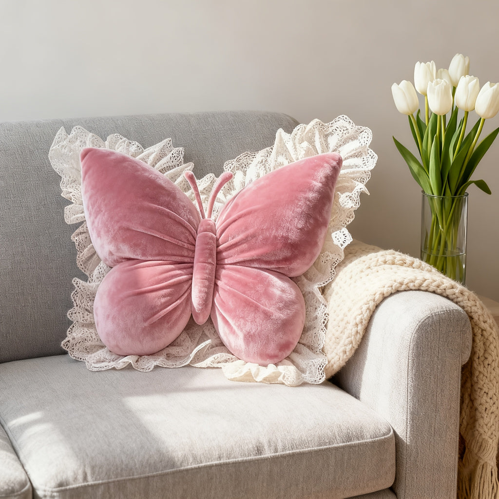 Butterfly-Shaped Decorative Pillow Home Decor Cushion with White Lace Trim Luxurious Velour Fabric And Fill Lumbar Support Cushion for Sofas, Beds, Cars, Offices - Perfect Gift for Women, Housewarming, Christmas, Valentine'S Day Machine Washable