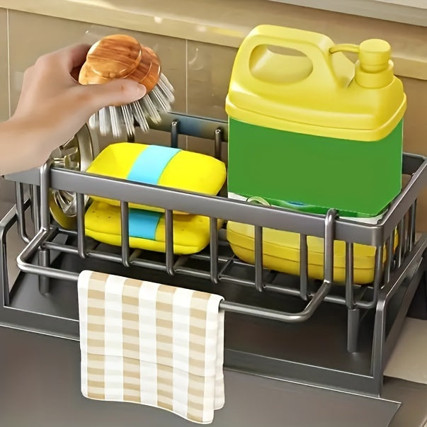 Kitchen Sink Caddy with Drainage, Kitchen Sink Organizer with Removable Brush Holder, Sink Caddy with Drainage for Dishwashing Brush, Sponge, Soap And Scrubbing Additions, Basket, Trash Can And Container