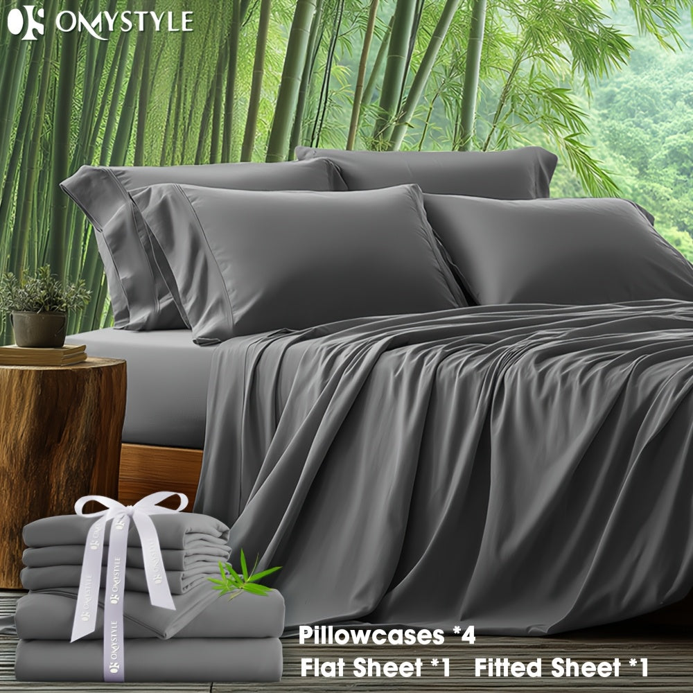 6pcs Bamboo Blend Bed Sheet Set-Flat Sheet, Fitted Sheet And 4 Pillowcases, Luxury Breathable Sheet Set, Ultra Soft Sheet for Hot Sleepers, Deep Pocket, King/Queen/Full/Twin