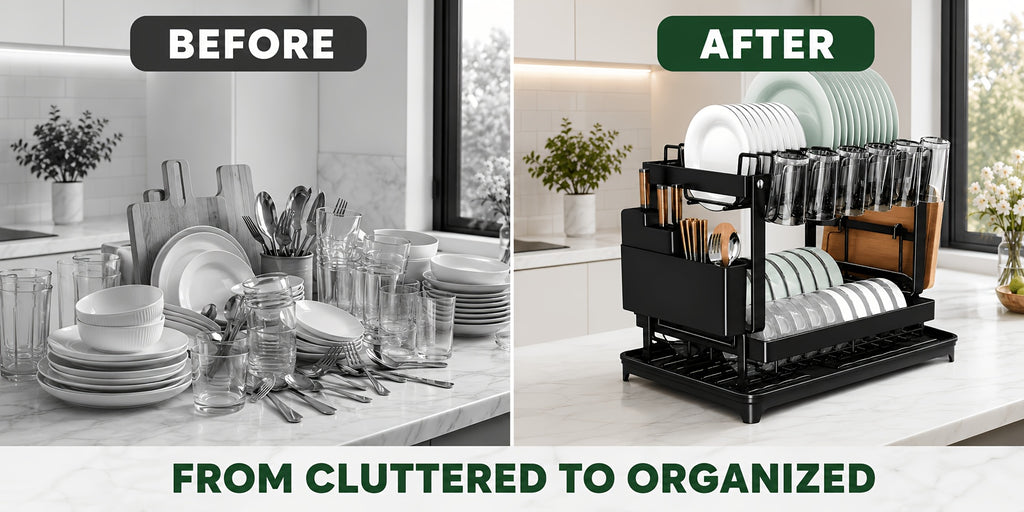 Two-Level Dish Drying Rack For Kitchen Surfaces, Kitchen Organizers And Storage, Dish Drainer With A Drainboard, Kitchen Accessories, Metal Kitchen Dish Holder With Drainage, Two-Tier Kitchen Drying Rack, Black Dish Holders