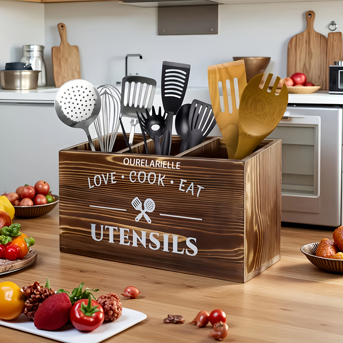 1 Cutlery Storage Box with Grid, Wooden Chopsticks Sorting and Organizing Rack, Kitchen, Bedroom, Desk, New Year and Spring Festival Gift Supplies, for Home Storage and Organization