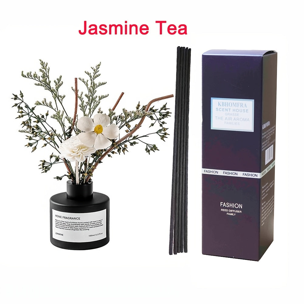 KBHOMFRA Real Flower Reed Diffuser 3.38 Oz(100ml) Jasmine Tea Home Fragrance Scent Essential Oil Diffuser With Sticks Aroma Home Christmas Decor For Air Fresheners Bathroom