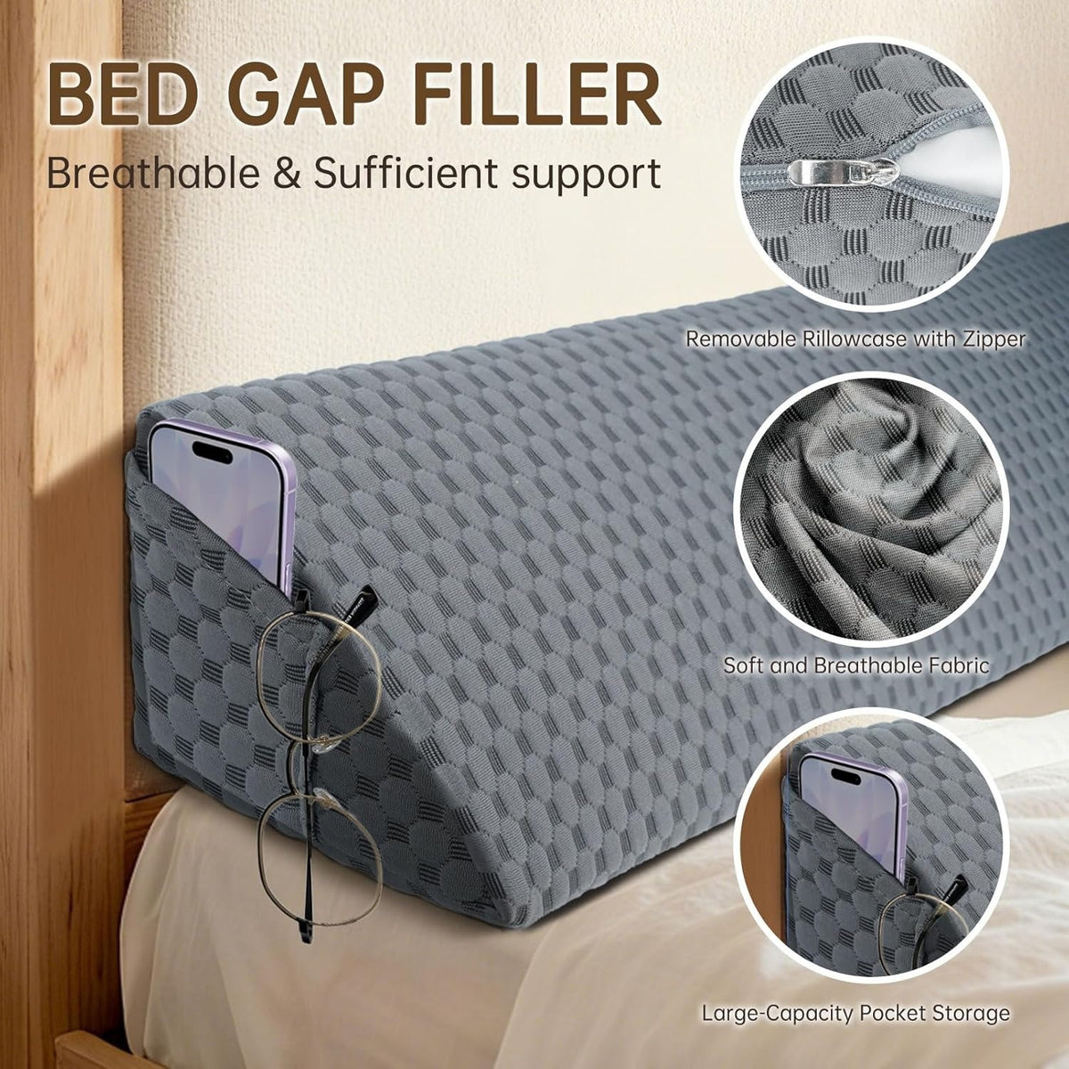 Foam Bed Wedge Pillow Suitable for Headboard Gap Filler & Mattress, Removable Cover with Foam Filling, Suitable for College Dorms, Adjustable Wedge for Sleeping Against Headboard or Wall, Machine Washable Bedding