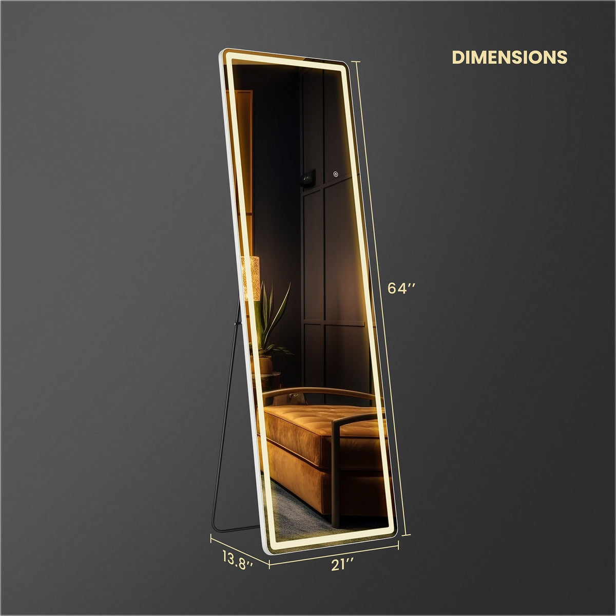 MCQ Arched/Rectangular LED Full Length Mirror, Full Body Floor Mirror Standing Hanging or Leaning Wall, Arch Wall Mirror with Stand Aluminum Alloy Thin Frame for Bedroom, Bathroom, Store