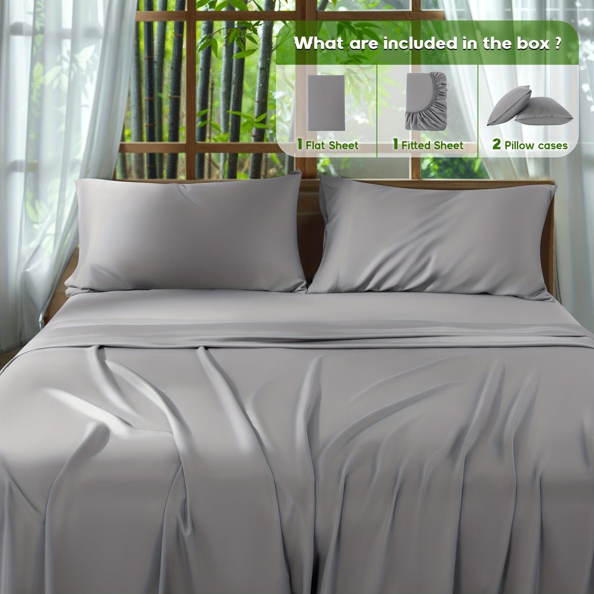 4pcs 2000 Thread Count Cooling Bamboo Bed Sheets Set, Breathable Soft Hotel Bed Sheets with 16" Deep Pocket, Wrinkle & Shrink Resistant, Includes Fitted Sheet, Flat Sheet & 2 Pillowcases, All-Season Luxury Bedding for Hot Sleepers