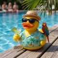 Cocktail Duck Figurine with Hawaiian Shirt, Sunglasses, Straw-Style Hat and Parrot Accent for Tropical Summer Shelf Decor and Gifts