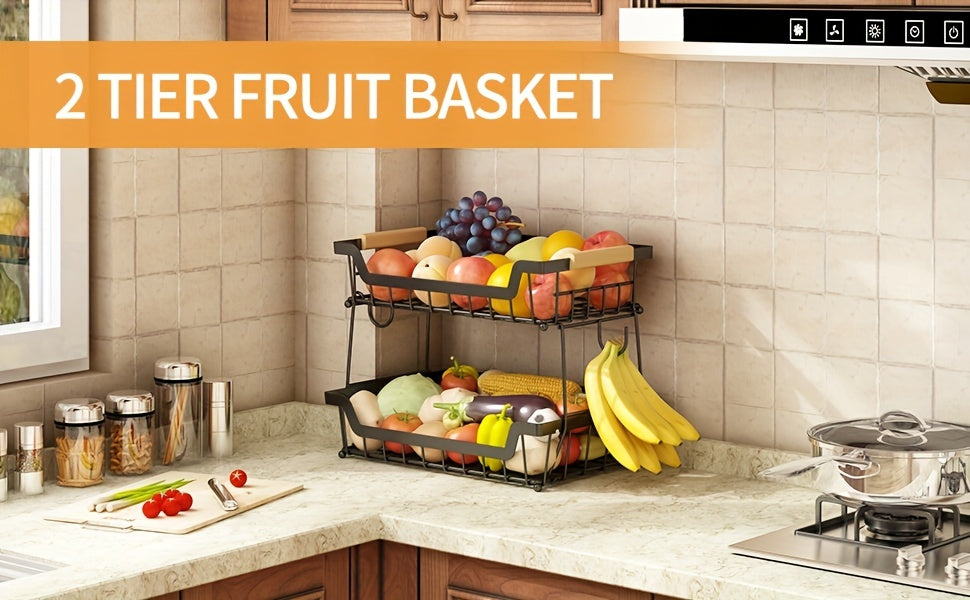 2-Tier Countertop Fruit Basket with 2 Banana Hangers for Kitchen, Detachable Metal Organizer for Bread Vegetable Fruits with Wooden Handle, Large Capacity Rectangular Storage Stand Bowls, Black