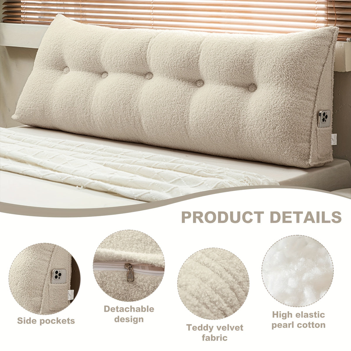 Headboard Reading Pillow, Triangular Teddy Velvet Backrest Cushion with Side Pocket and Removable Washable Cover for Twin, Queen and King Beds