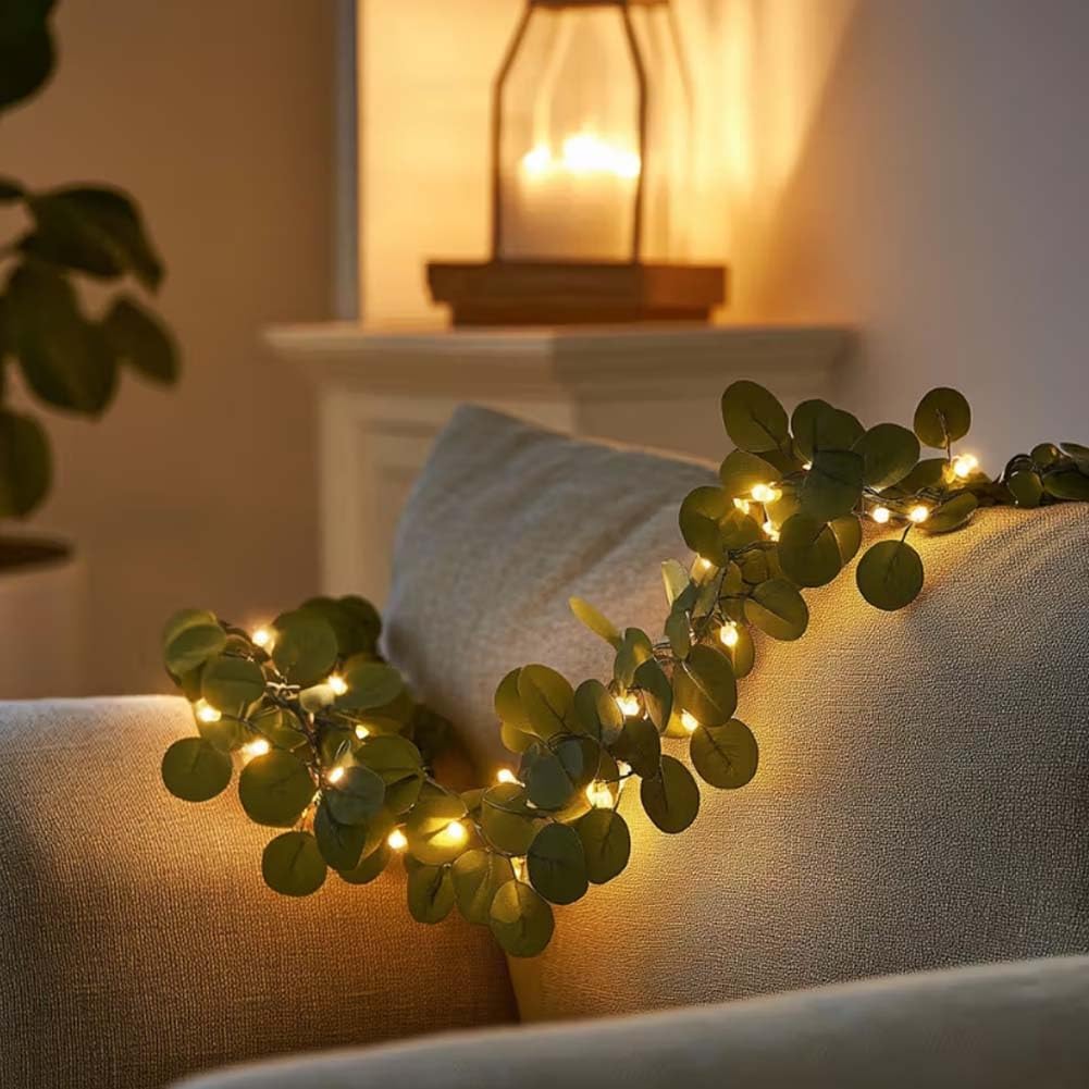 4pcs Total Length 315 In, 80 Lights Eucalyptus Leaf Wreath String Light Pendant, -Battery-powered Holiday Table Decoration With Warm, Realistic Leaves, Perfect For Centerpiece Decoration On The Dining Table, Indoor Home Decoration