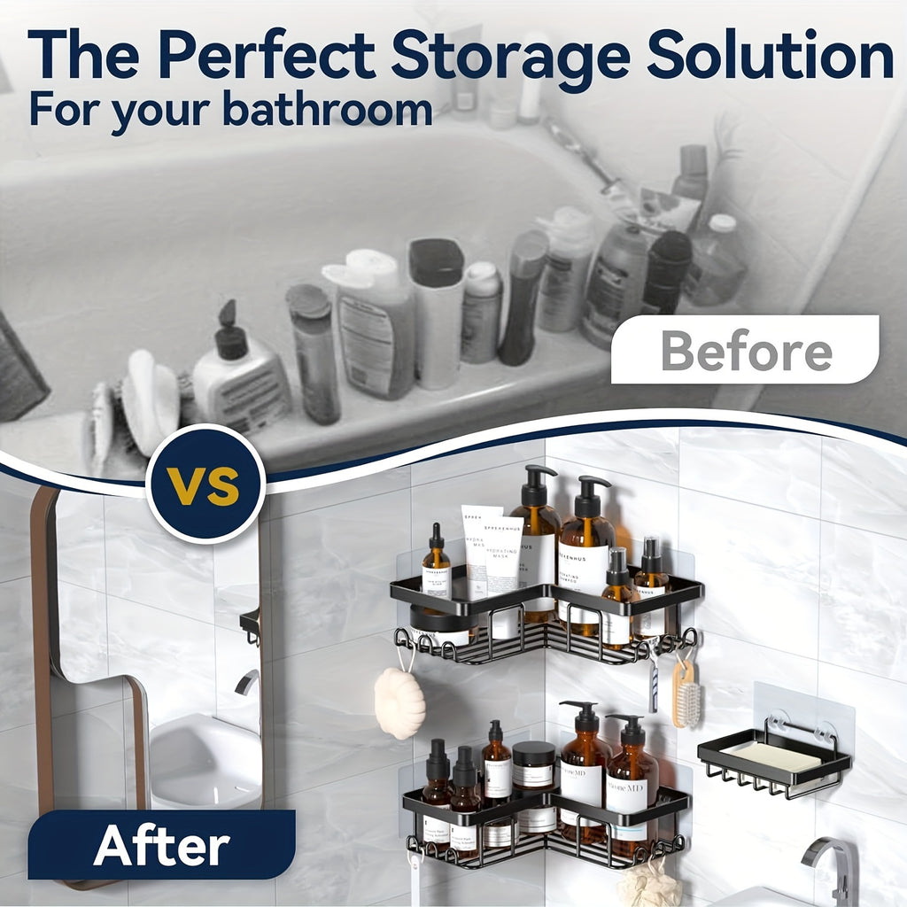 Adhesive Corner Shower Shelves, 3 Pack Stainless Steel Bathroom Caddy Set with Soap Holder and 12 Hooks for No Drill Wall Mounted Storage