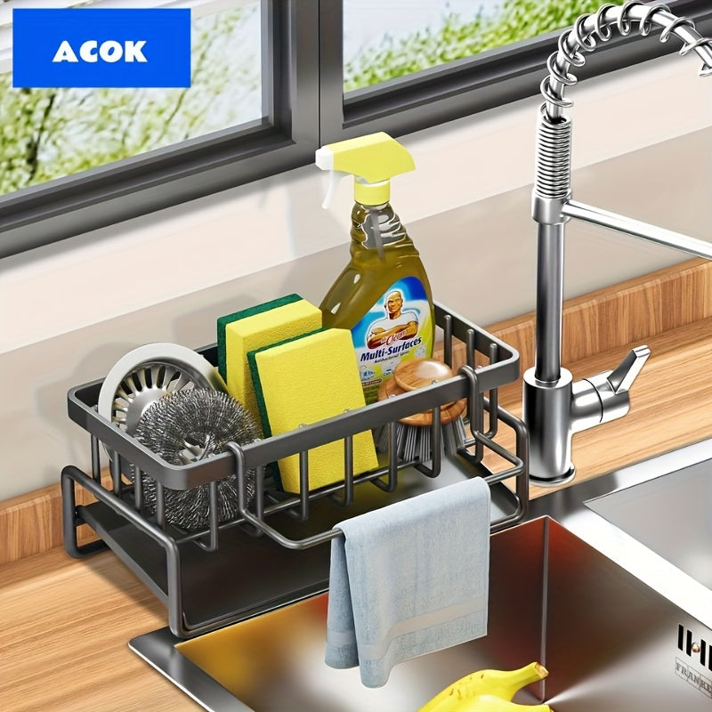 Kitchen Sink Caddy with Drainage, Kitchen Sink Organizer with Removable Brush Holder, Sink Caddy with Drainage for Dishwashing Brush, Sponge, Soap And Scrubbing Additions, Basket, Trash Can And Container