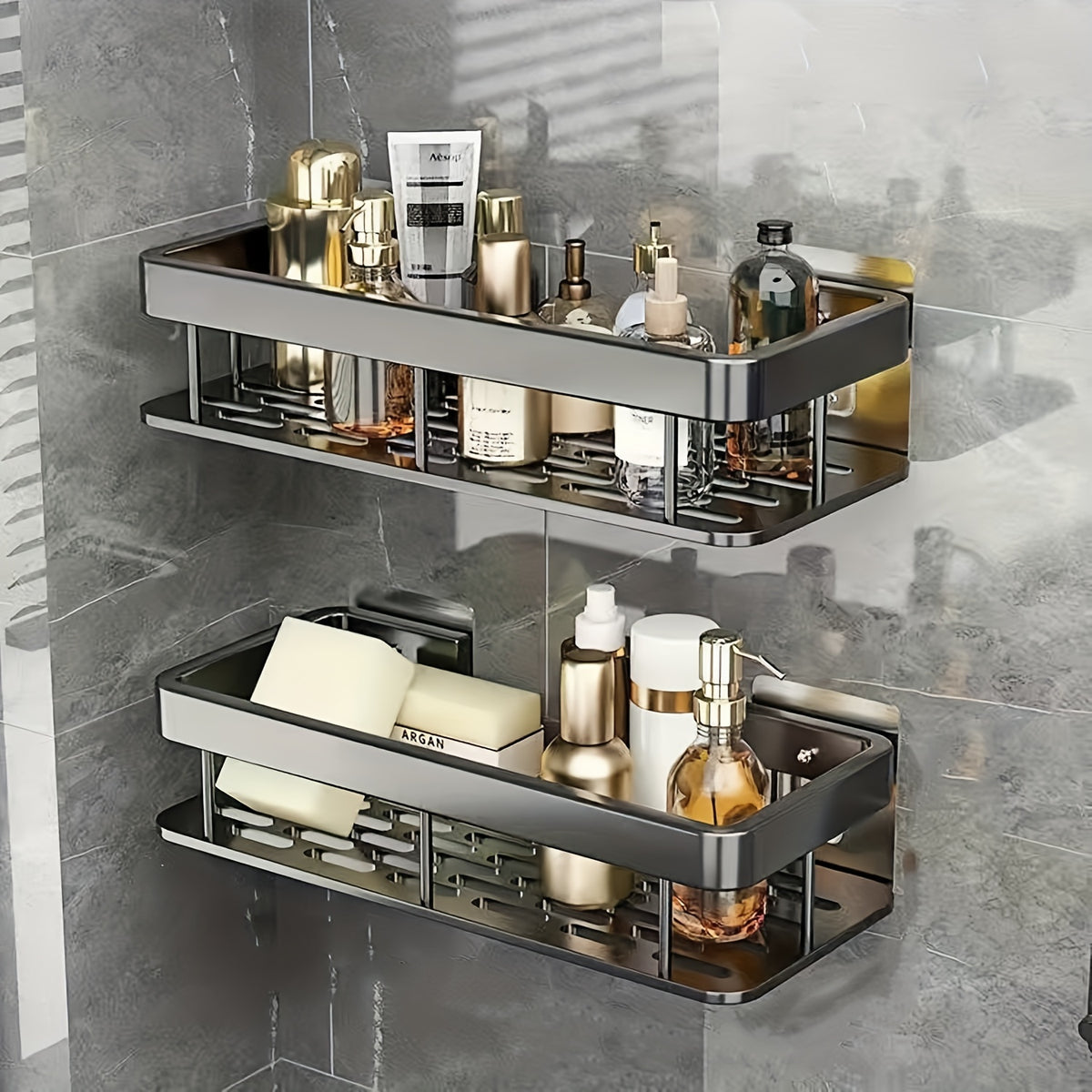 2pcs Stainless Steel Shower Caddy Racks - Rust-Resistant Wall-Mounted Bathroom Organizer with 2-Tier Shelves, Space-Saving Corner Storage for Shower & Bathtub Accessories (Black), Shower Caddies