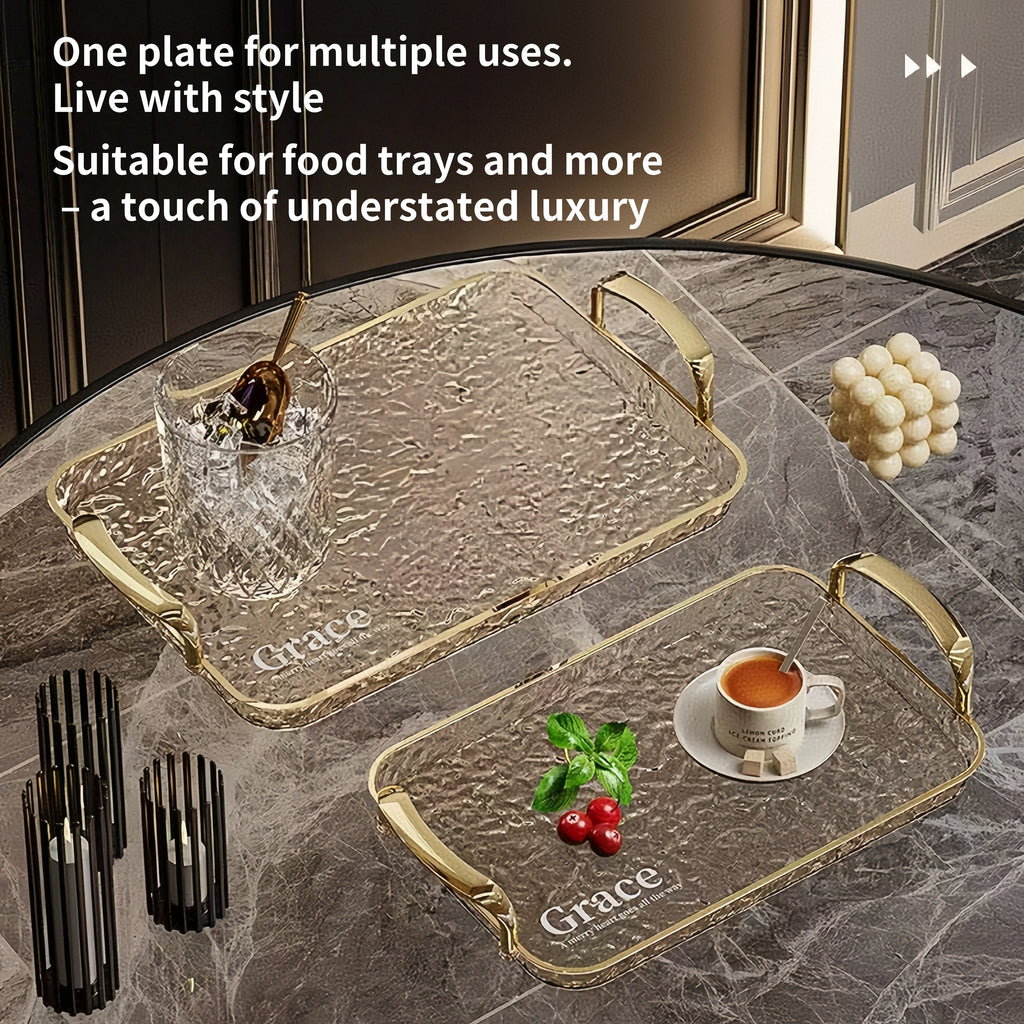 3pcs Transparent Elegant Golden-Rimmed Rectangular Trays Set, Large/Medium/Small PTE Transparent Serving Platters with Handles - Ideal for Fruits, Snacks, Pastries | Perfect for Parties & Festivals, Trays for Serving Food, Party & Festival Essenti