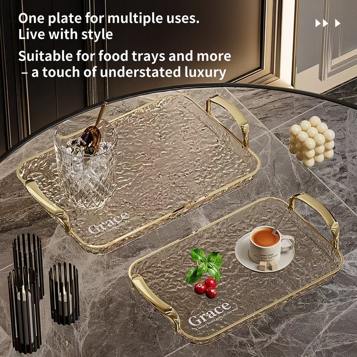 3pcs Transparent Elegant Golden-Rimmed Rectangular Trays Set, Large/Medium/Small PTE Transparent Serving Platters with Handles - Ideal for Fruits, Snacks, Pastries | Perfect for Parties & Festivals, Trays for Serving Food, Party & Festival Essenti