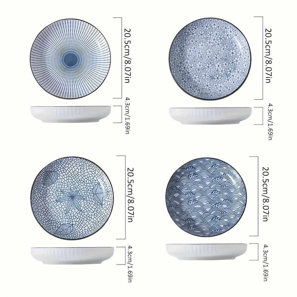 4pcs Set Of Japanese-style Ceramic Floral Plates Yamada Household Serving Plate, Nordic-style Steak Plate, Ceramic 7-inch Deep Plate, Non-slip Edge, Underglaze Color Round Plate