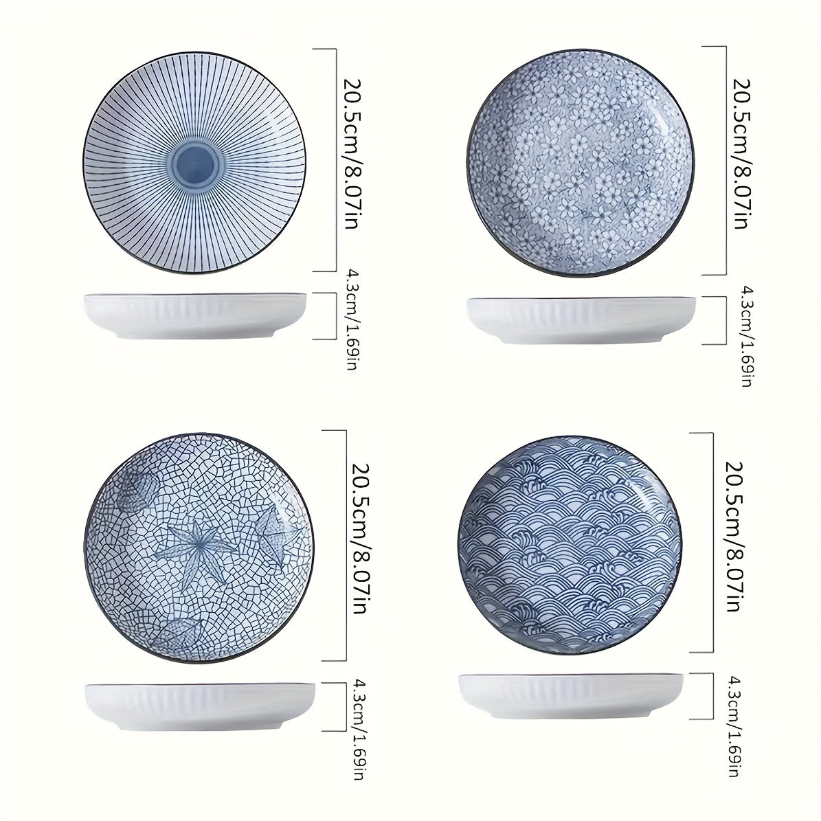 4pcs Set Of Japanese-style Ceramic Floral Plates Yamada Household Serving Plate, Nordic-style Steak Plate, Ceramic 7-inch Deep Plate, Non-slip Edge, Underglaze Color Round Plate