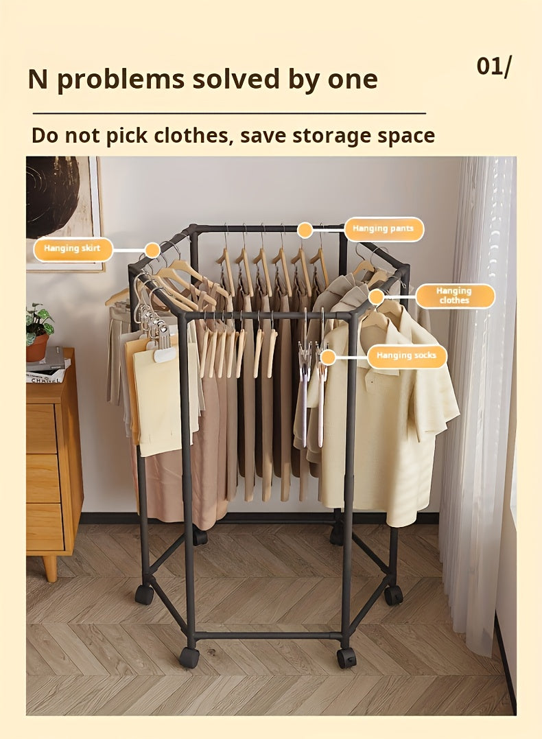Hexagonal Rotary Clothes Rack, Self-Standing Vertical Clothing Hanging Rack, Suitable for Laundry And Household Storage Space Saving (Black/White), Easy Storage Device, Durable Structure, High-Quality Materials, Small Apartment Living, Convenient